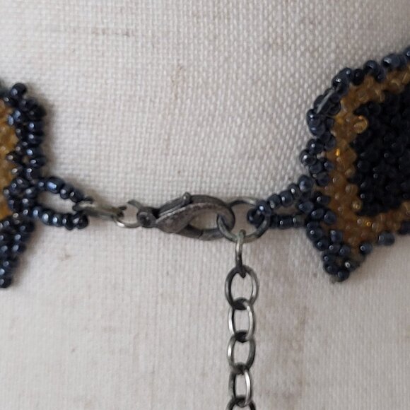 Vintage Beaded Wide Choker Gold Platinum & Black Glass Seed Beads 1" x 14.5" - Picture 10 of 11